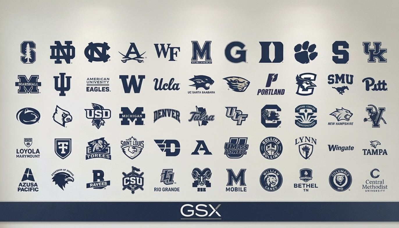 GSX university network — logos of 50+ NCAA, NAIA and NJCAA programs including Notre Dame, UCLA, Michigan, Denver, Louisville, Penn State, Marshall, SMU, UCF, USD and more